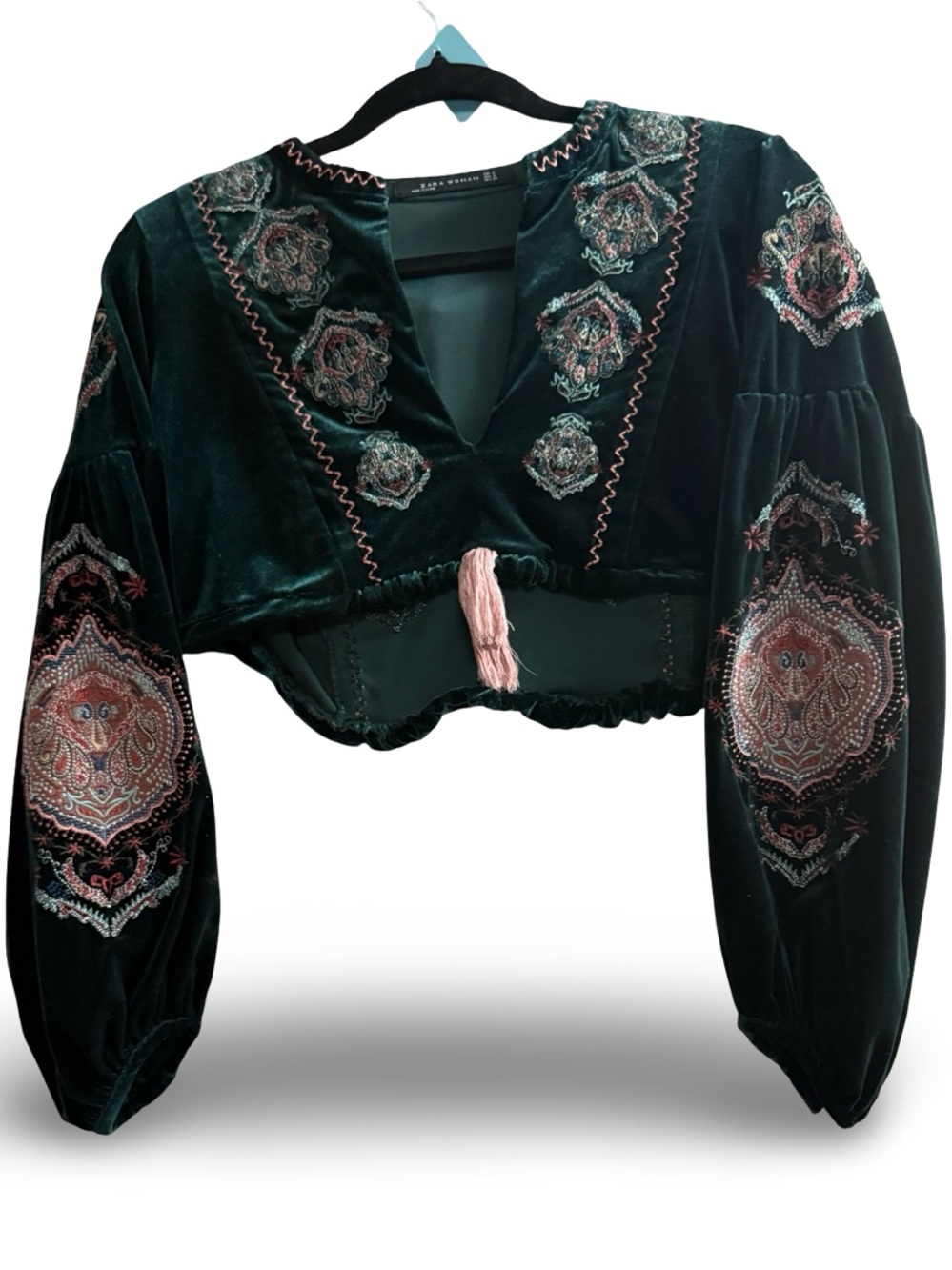80. Zara Black Green Embellished Crop Blouse